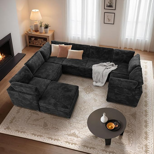 Modular Sectional Sofa with Chaise U Shaped Sectional Couch for Living Room, 8-Seater Comfy Cloud Couches with One Movable Ottoman, Plush Corduroy, Black