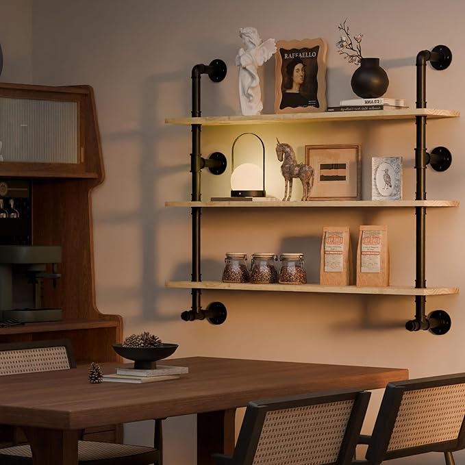 Industrial Pipe Wall Shelves Pipe Shelving with Real Wood Plank,48 Inches Floating Shelves for Wall Farmhouse Pipe Book Shelves Dark Brown 3 Tier for Kitchen,Living Room Decor and Bar Shelving