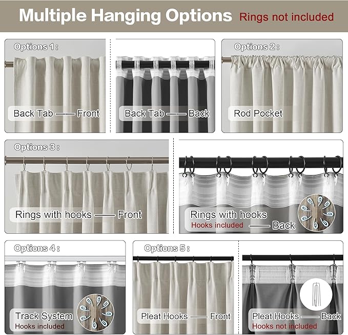 RAIN CITY Full Blackout Curtains 98 Inch Long 2 Panels Set Neutral Boho Farmhouse Linen Window Drapes for Bedroom Living Room Thermal Insulated Natural Birch Ivory Pleated/Back Tab with Hooks
