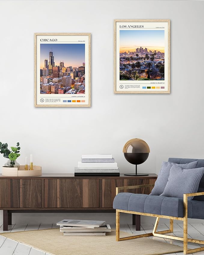 HesenDot Natural OAK Wood Chicago Cityscape Framed Wall Art,12x16in City Skyline Canvas Wall Print,Modern Urban Landmark Wall Decor for Living Room,Bedroom,Office Gallery Gifts Set of 1