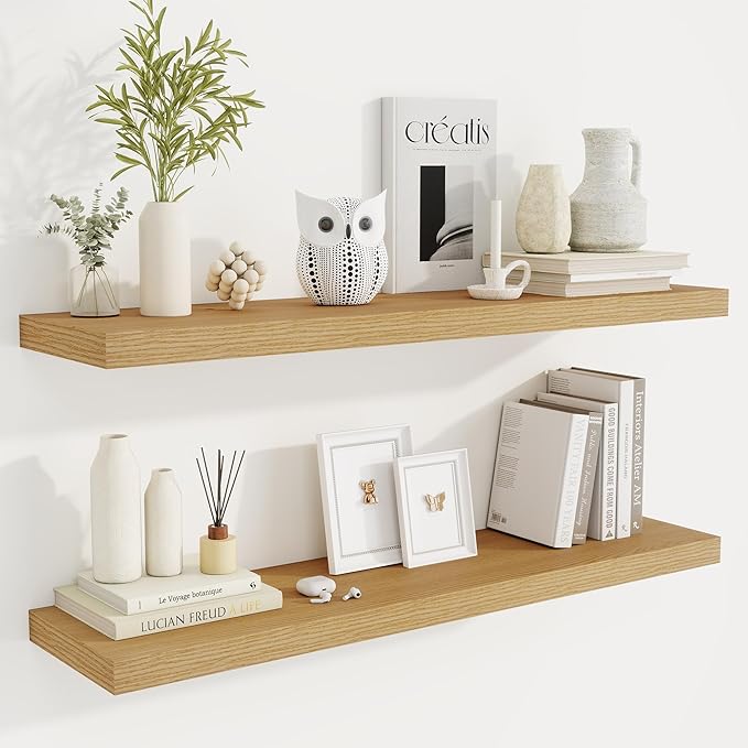 Fun Memories 40" Rustic Wood Floating Shelves with Invisible Brackets for Storage & Decor, Deep Wall Mounted Shelves for Bathroom, Kitchen, Living Room (Oak, Set of 2)