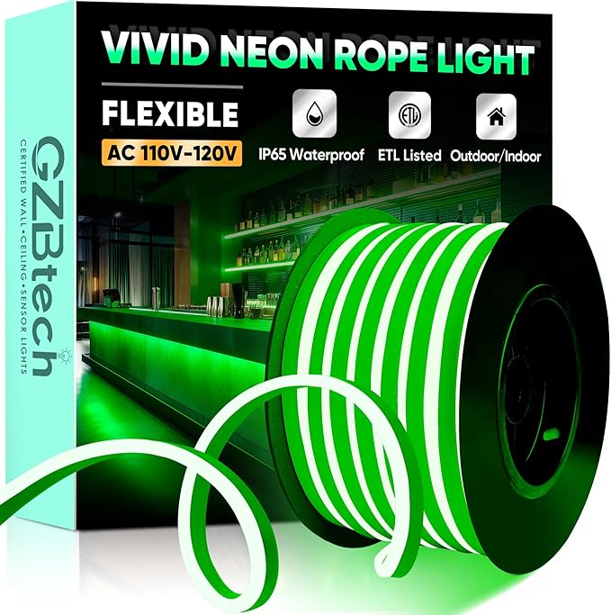GZBtech Flexible LED Neon Rope Lights 50FT,AC 110-120V Waterproof Strip Light, 120 LEDs/M Cuttable Connectable Neon Lighting for Indoor Outdoor Home Decor/Commercial Building Use-Green 15M