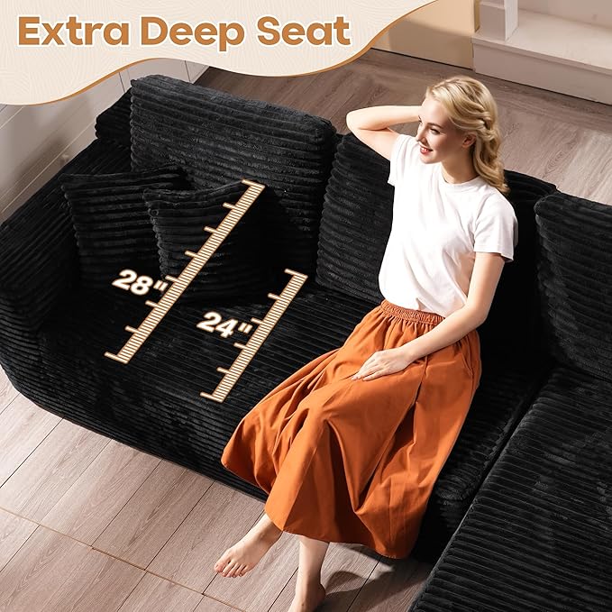 Cloud Sectional Couches for Living Room,G Shaped Modular Sofas No Assembly,135x133 Inches Plush Corduroy Oversized Floor Couch Set with Deep Seat Chaise,Black