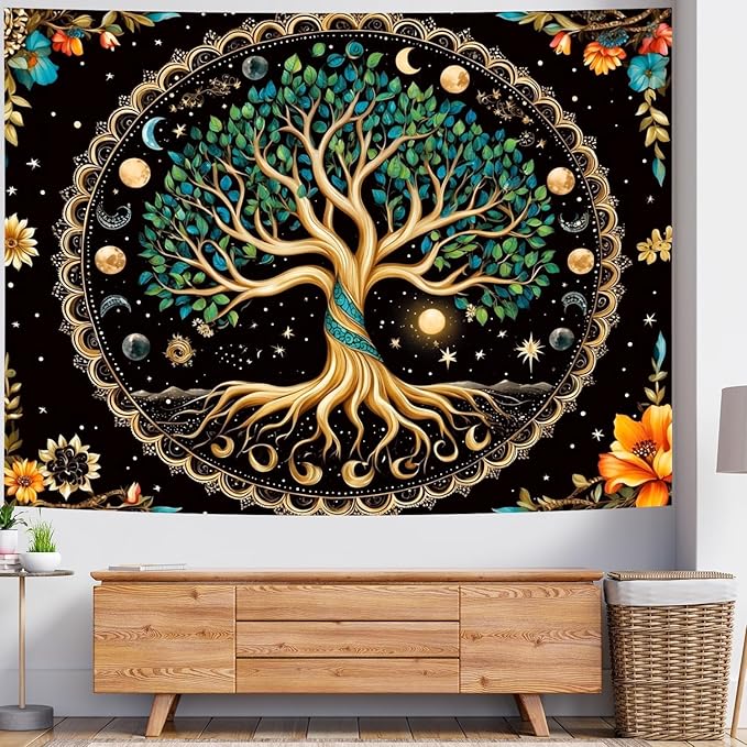 Delur Tree of Life Tapestry Moon Phase Nature Flower Plant Tapestry Wall Hanging Boho Mandala Spiritual Sun Aesthetic Psychedelic Headboard for Bedroom Living Room Home Decor (59.1" x 78.7")