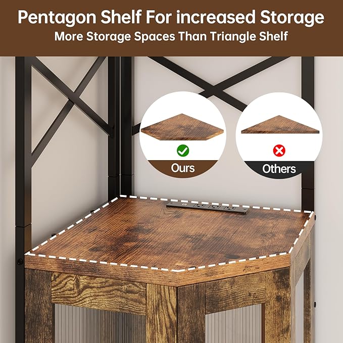 Corner Bar Cabinet with Power Outlet, 5-Tier Corner Wine Cabinet with Led Strip and Glass Holder, Industrial Tall Liquor Cabinet Bar Wine Rack for Home, Rustic Brown