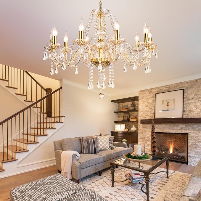 Modern Elegant 10 Lights K9 Crystal Glass Chandelier Golden Pendant Ceiling Lighting European Style for Dining Living Room Bedroom Transparent, 10 E12 Bulbs Required