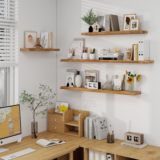 Axeman 36 inch Floating Shelves for Wall - 8'' D Live Edge Rustic Solid Elm Wood Floating Shelves Wall Mounted, Wall Shelves with Invisible Bracket for Living Room Bedroom Kitchen, Set of 2 Natural