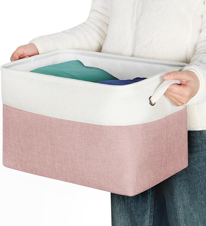 Kntiwiwo Foldable Storage Bins 15" x 10" x 9.5" Fabric Storage Basket Cube with Handles Large Linen Closet Organizer Bins for Organizing Shelf Home, Set of 3, Pink