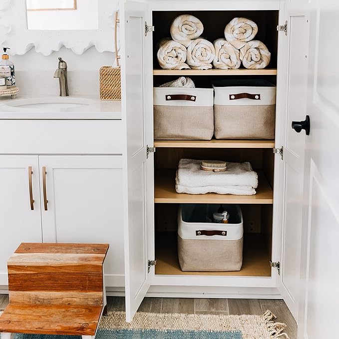 OrganiHaus Large Fabric Storage Baskets for Shelves 3 Pack, 15x11in Closet Storage Bins for Shelves, Cloth Baskets for Organizing, Linen Closet Organizers, Fabric Basket, Beige/White