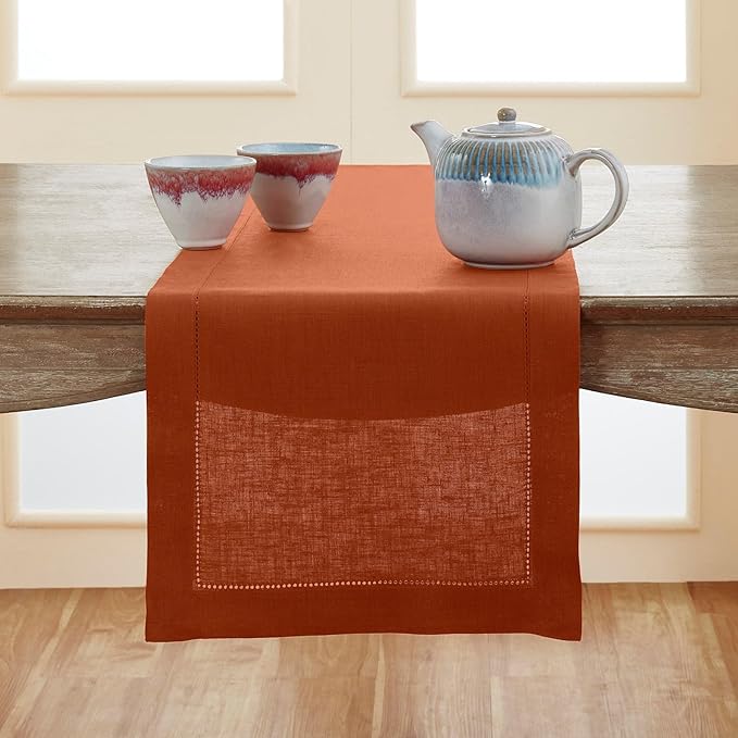 Solino Home Linen Cinnamon Hemstitch Table Runner 60 Inches - 100% Pure Linen Small Table Runner 14 x 60 Inch Ideal for Dresser and Coffee Tables - Classic Hemstitch - Fall, Halloween, Thanksgiving