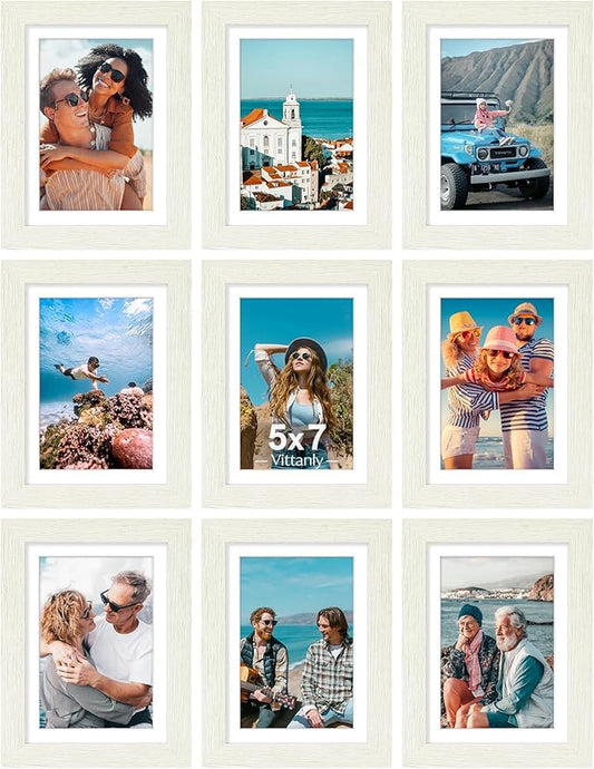 Vittanly 5x7 Picture Frames Set of 9, Shatter Resistant Plexiglass, Display 4x6 Pictures with Mat or 5x7 without Mat, Photo Frames for Wall or Tabletop, Engineered Wood, Whitemist