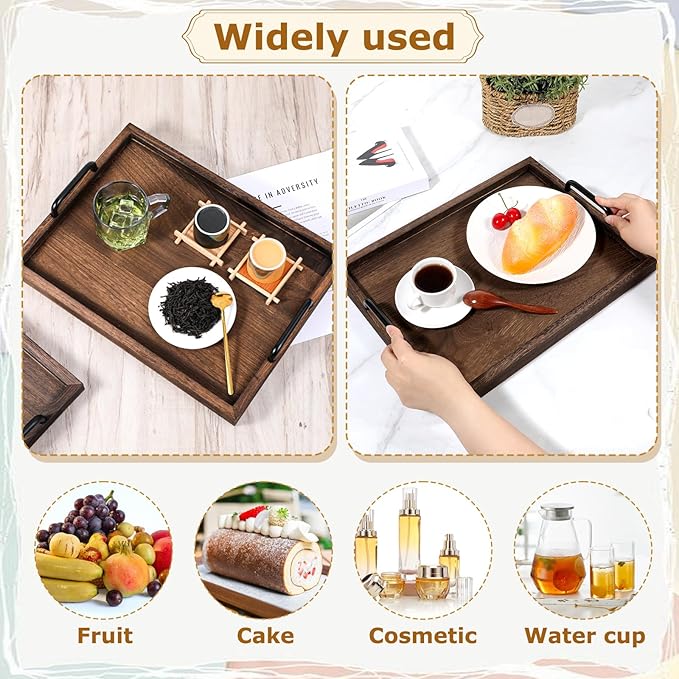 2 Pcs Rustic Wooden Serving Trays with Handle Decorative Nested Vintage Wood Serving Tray Stylish Farmhouse Decor Servings Platters for Eating, Breakfast(Large 15.8x11.8x1.2 in, Small 13.4x9.4x1.2 in)