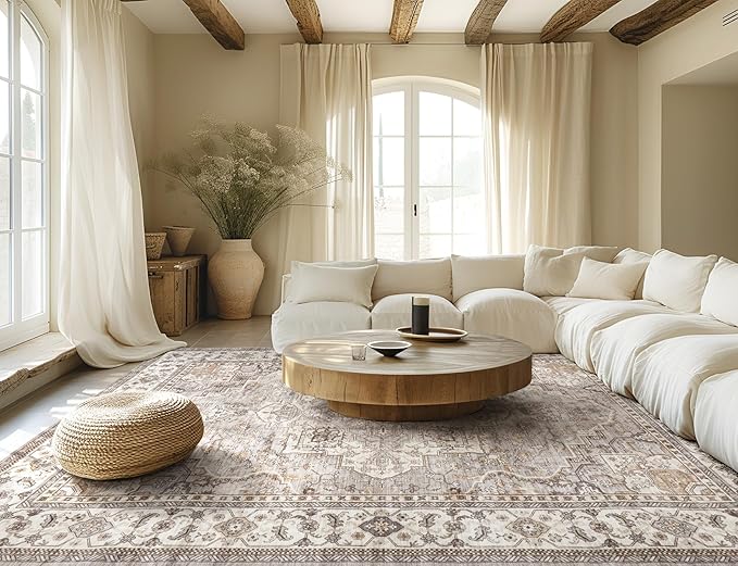 Washable Area Rugs for Living Room - 9x12 Neutral Vintage Distressed Floral Farmhouse Boho Large Soft Floor Rug Indoor Non Slip Carpet for Bedroom Dining Room Office - Grey Brown