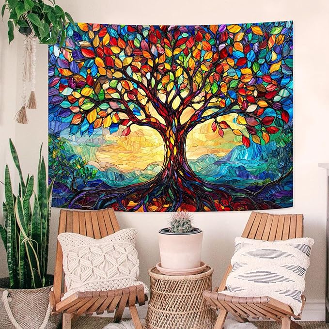 Lunerfex Tree of Life Tapestry Stained Glass Tapestry Wall Decor Tapestries for Bedroom Art Tapestries Wall Hanging for Bedroom Living Room Glass-Tree-01 60"x80"