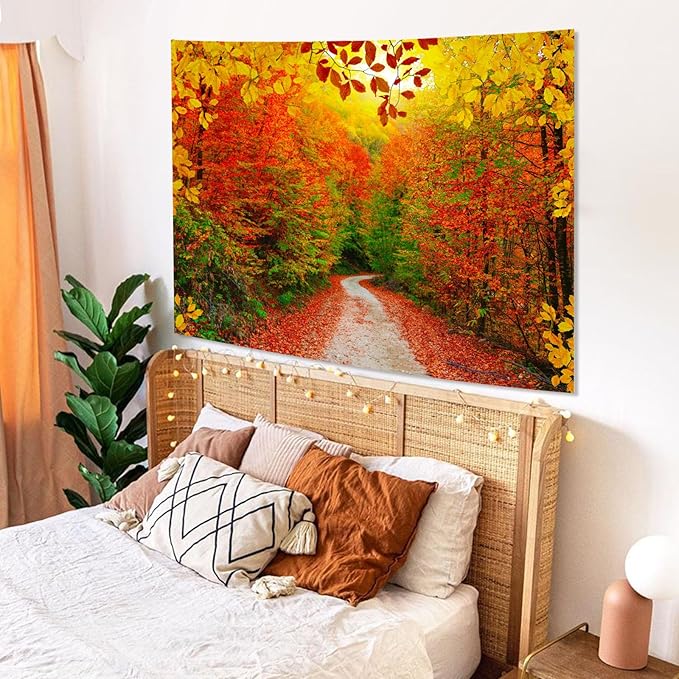 AMM Autumn Forest Tapestry Nature Fall Tree Thanksgiving Tapestry for Bedroom Aesthetic Autumn Path Yellow Red Fallen Leaves Landscape Tapestries Wall Hanging for Living Room Dorm 80 x 60 Inch