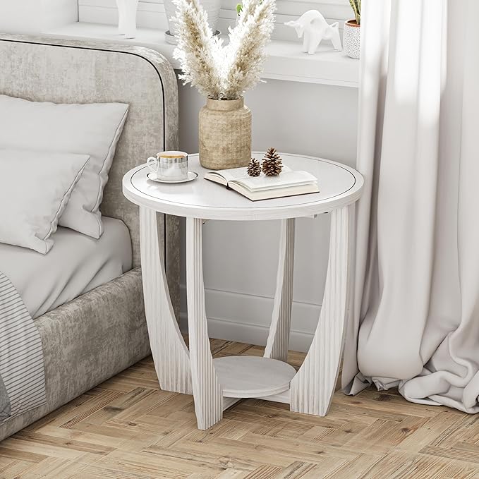 Rustic Farmhouse end Table X 2P with Storage Shelf, French Country Accent Side Table for Family, Dinning or Living Room, Small Spaces, Modern, Round, White