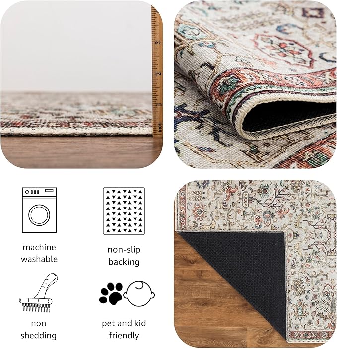 Keen Home Design 6x9 Rug - Machine Washable Area Rug with Non-Slip Backing, Ideal for Living Room, Dining Room, Bedroom - Vintage, Easy Clean, Durable, Low Pile Rug - (6' x 9')