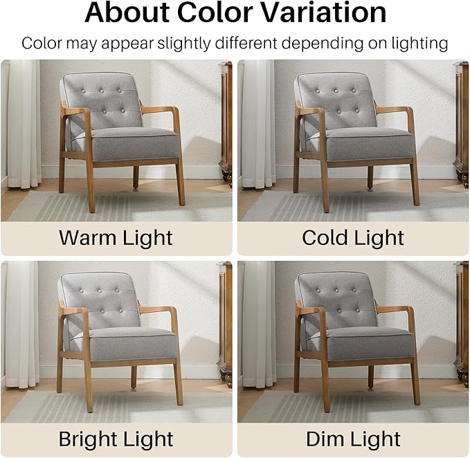 Linen Accent Chair, Mid Century Modern Chair for Living Room, Upholstered Comfy Lounge Armchair with Solid Wood Frame, Reading Side Chair for Bedroom,105°Ergonomic Comfort, Grey