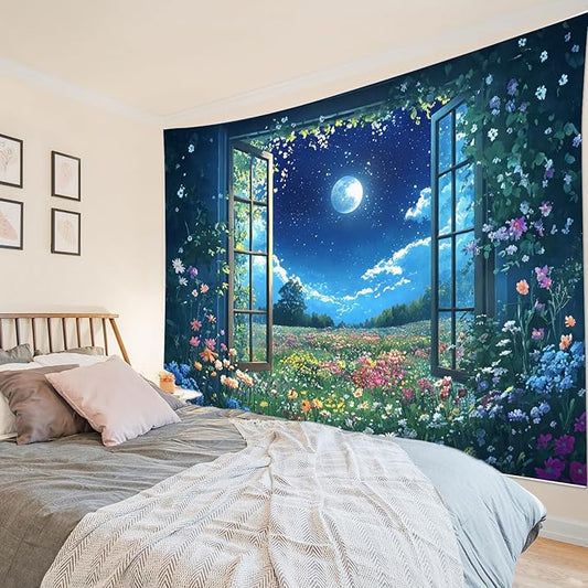 LB Wildflower Moon Tapestry, Green Plant Outside Window and Colorful Floral Wall Tapestry for Bedroom, Garden Wall Art for Living Room Dorm Home Decor Ready to Hanging, 80 x 60 Inches