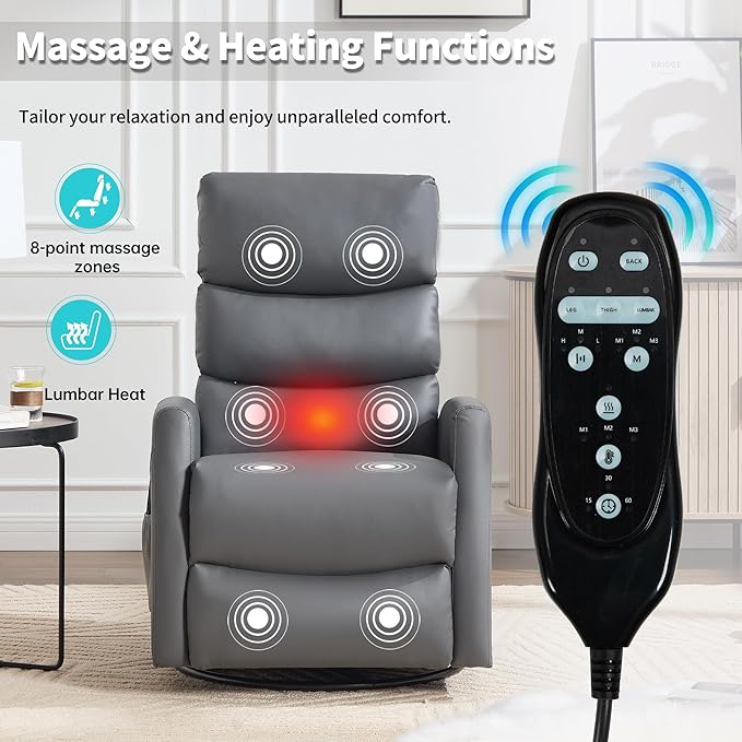 Manual Swivel Rocker Recliner Chair for Adults, Overstuffed Reclining Glider Chair for Nursing with Vibration Massage & Heat, Living Room Rocking Recliner 3-Stage backrest, Faux Leather Gray