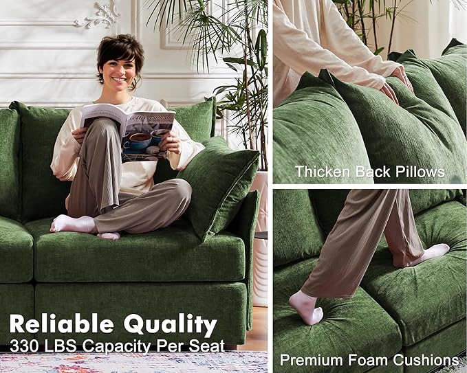 Oversized Loveseat Sofa, Modern Modular Sectional Couch Green Fluffy Chenille Mid Century 2-Seat 24.5" Deep Seat for Apartment, Living Room, Bedroom