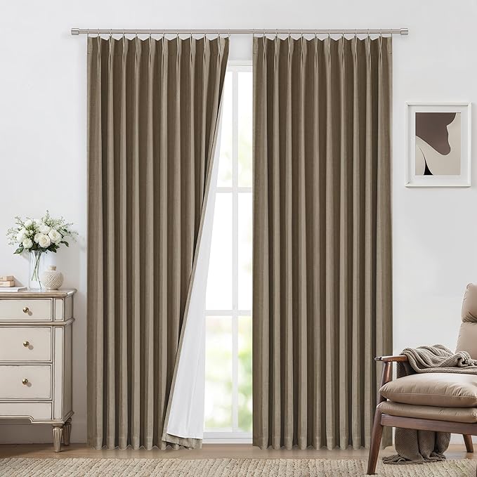Vision Home Brown Pinch Pleated Full Blackout Curtains Linen Blended 60" Wide Thermal Insulated Window Panels 95 inch for Bedroom Living Room Darkening Pleat Drapes with Hooks Back Tab 60" Wx95 Lx1