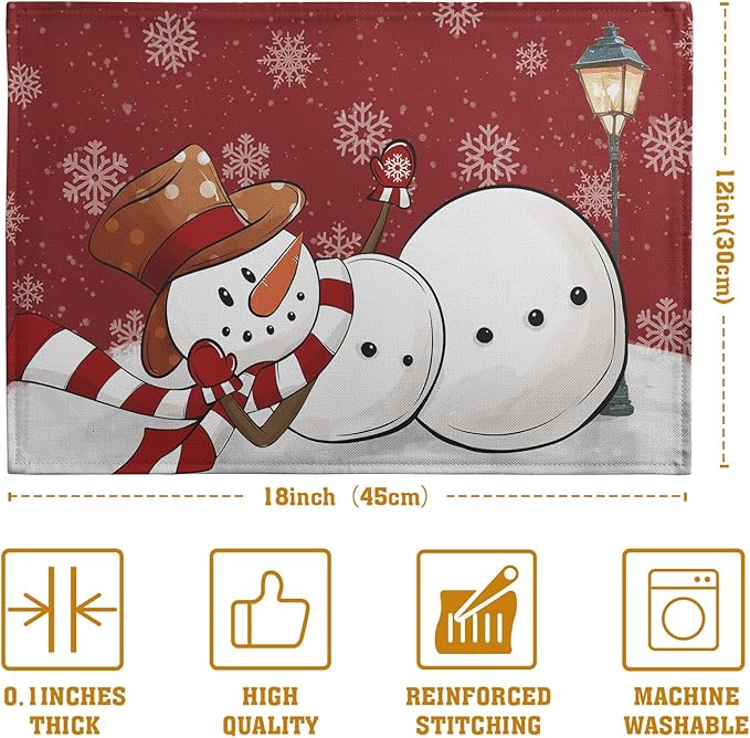 Red Snowman Snowflake Christmas Placemats Set of 4 Seasonal Winter Linen Table Mats 12x18 Inch Xmas Holiday Snow Farmhouse Rustic Washable Place Mat for Party Kitchen Dining Outdoor Indoor Decor