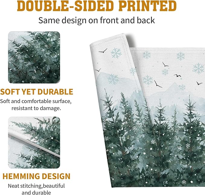 Winter Pine Tree Snowflake Placemats Set of 4 Christmas Snow Green Forest Place Mat 12x18 Inch Seasonal Xmas Holiday Rustic Nature Washable Fabric Table Mats for Farmhouse Kitchen Dining Decoration
