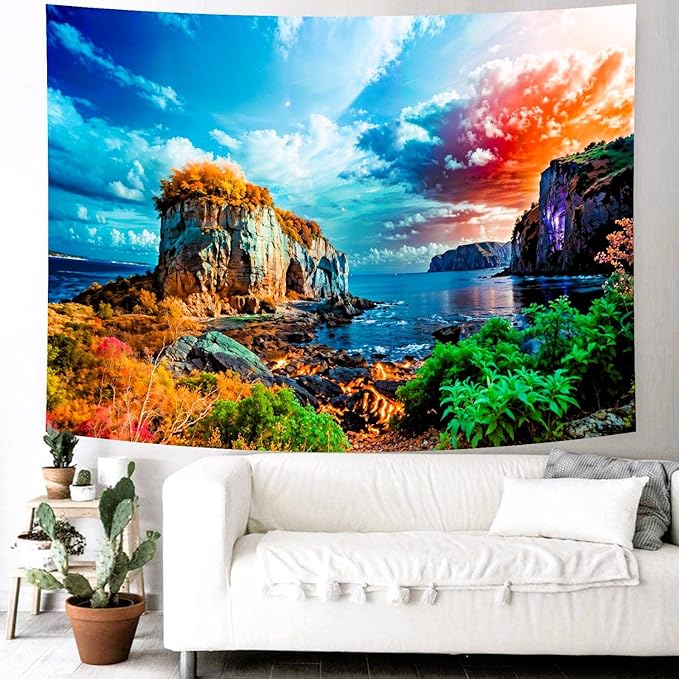 Delur Coastal Ocean Beach Tapestry Tropical Forest Tree Sunrise Sea Landscape Tapestry Wall Hanging Wave Sunset Nature Colorful Spiritual Headboard for Bedroom Living Room Home Decor (59.1" x 78.7")