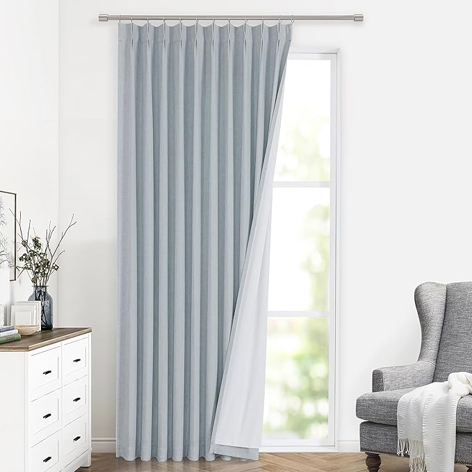 Vision Home Blue Fog Pinch Pleated Full Blackout Curtains Linen Blended Room Darkening Window Curtains 120 inch for Living Room Bedroom Thermal Insulated Pinch Pleat Drapes with Hooks 60" Wx120 Lx1