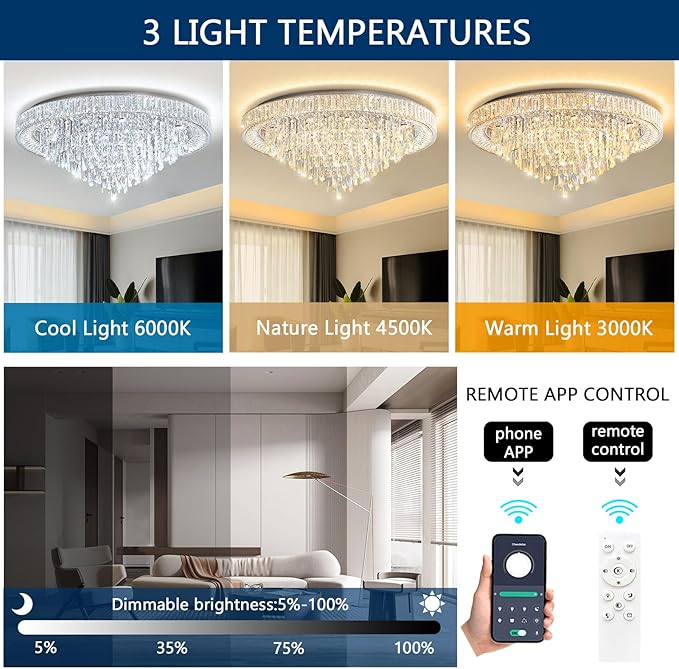 Crystal Chandeliers Modern LED Dimmable Flush Mount Ceiling Chandeliers for Living Room High Ceiling Entrance Foyer Bedroom Dining Room