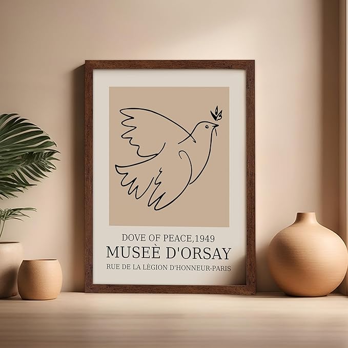Poster Master Vintage Poster - Retro Minimalist Print - Gift for Artist, Friend - Dove Of Peace, Line Drawing, Sketch, Abstract - Wall Decor for Living Room, Bedroom, 16x20 Brown Framed