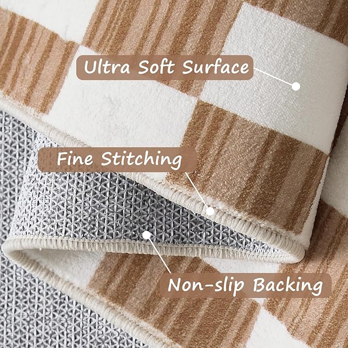jinchan 2x3 Kids Area Rug Washable Indoor Entryway Doormat Modern Checkered Geometric Lattice Small Rug Non Slip Soft Carpet for Nursery Room Bedroom Bathroom Home Brown