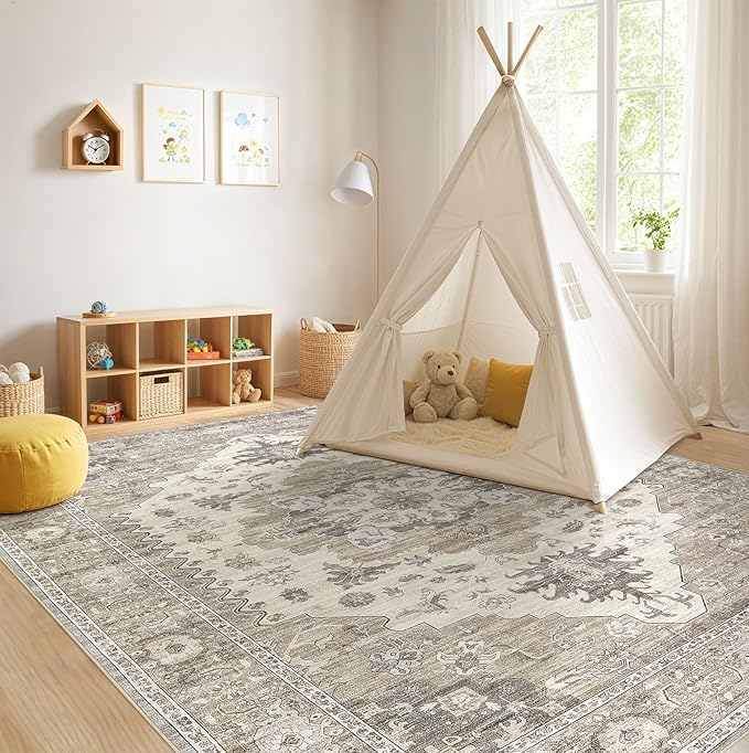 Washable Area Rugs for Living Room -8x10 Neutral Vintage Distressed Floral Farmhouse Boho Large Soft Floor Rug Indoor Non Slip Carpet for Living Room Bedroom Dining Room Office-Brown/Beige