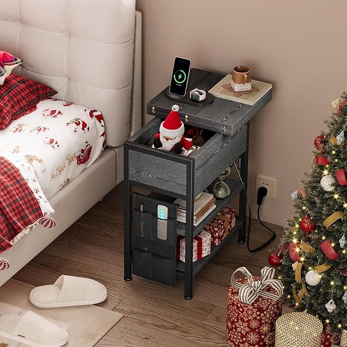 End Table with Charging Station, Flip Top Nightstand with USB Ports and Outlets,Couch Side Table with Fabric Bag and Hooks, Bedside Table for Space Saving, Living Room, Bedroom (Grey)