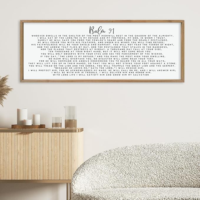 LuZhiQiang Psalm 91 Wall Decor Art 40"×15" Bible Verse Sign for Family Bedroom Christian Large Wood Framed Wall Hanging (Wood)