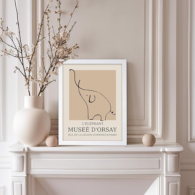 Poster Master Vintage Poster - Retro Minimalist Print - Gift for Artist, Housewarming - Elephant, Line Drawing, Sketch, Abstract - Wall Decor for Living Room, Bedroom, 8x10 White Framed