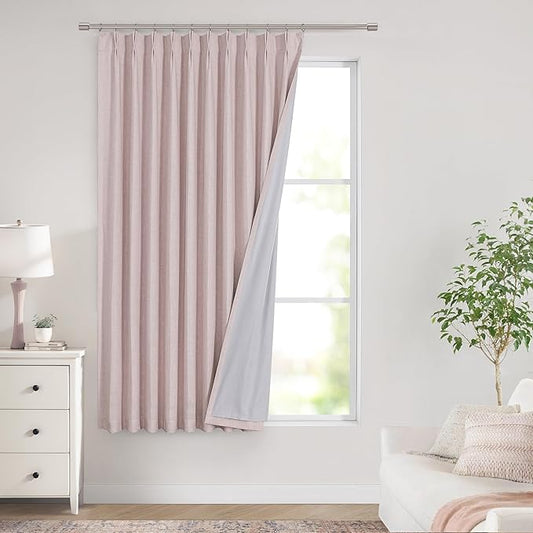 Vision Home Soft Pink Pinch Pleated Full Blackout Curtains Linen Blended Room Darkening Window Curtains 63 inch for Living Room Bedroom Thermal Insulated Pinch Pleat Drapes with Hooks 60" Wx63 Lx1