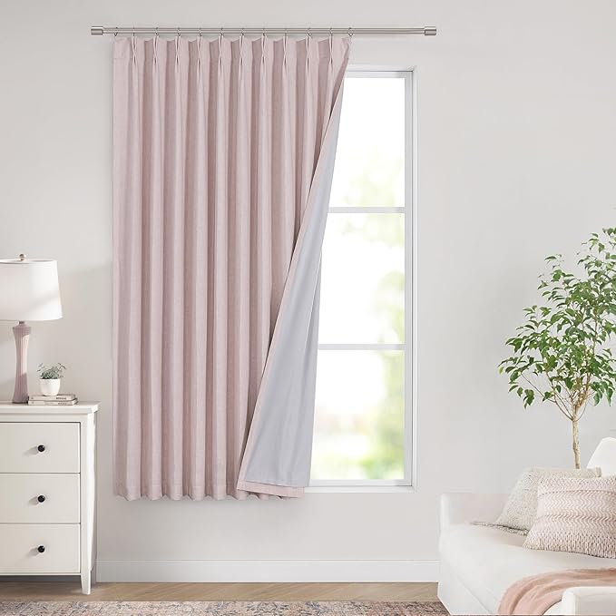Vision Home Soft Pink Pinch Pleated Full Blackout Curtains Linen Blended Room Darkening Window Curtains 72 inch for Living Room Bedroom Thermal Insulated Pinch Pleat Drapes with Hooks 60" Wx72 Lx1