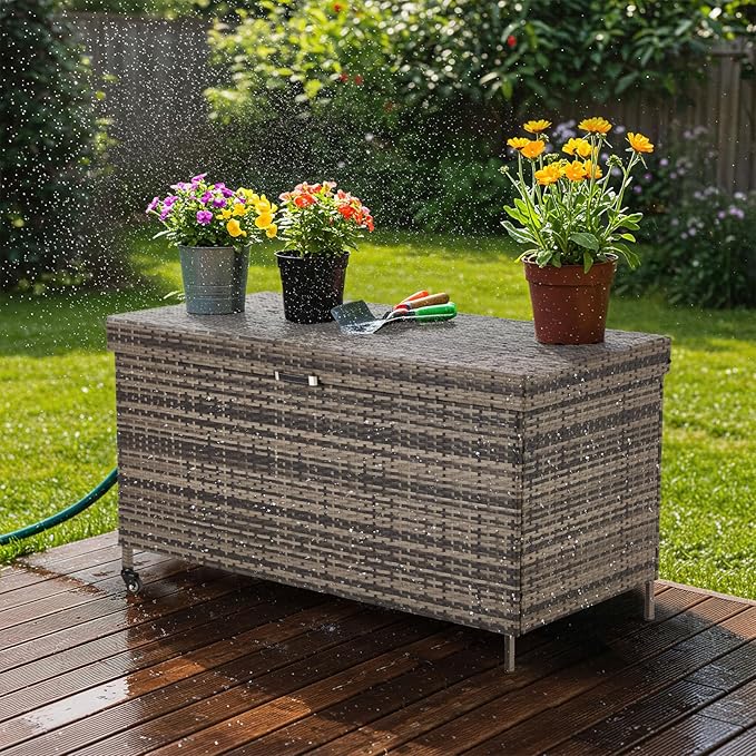 HOMREST Large Deck Box, Outdoor Wicker Storage Container with 240 Gallon, Patio Rattan Furniture for Garden Tools, Pillows, Pool, Brown