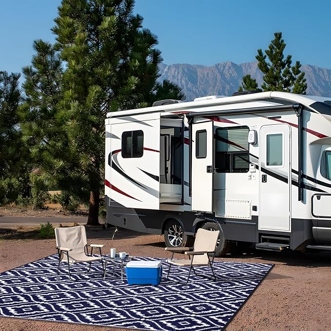 OLANLY Outdoor Rug 6x9 ft Waterproof, Outdoor Plastic Straw Rug with Geometric Pattern Clearance, Reversible RV Mat for Patio, Camping, Balcony, Deck, Backyard, Navy & White