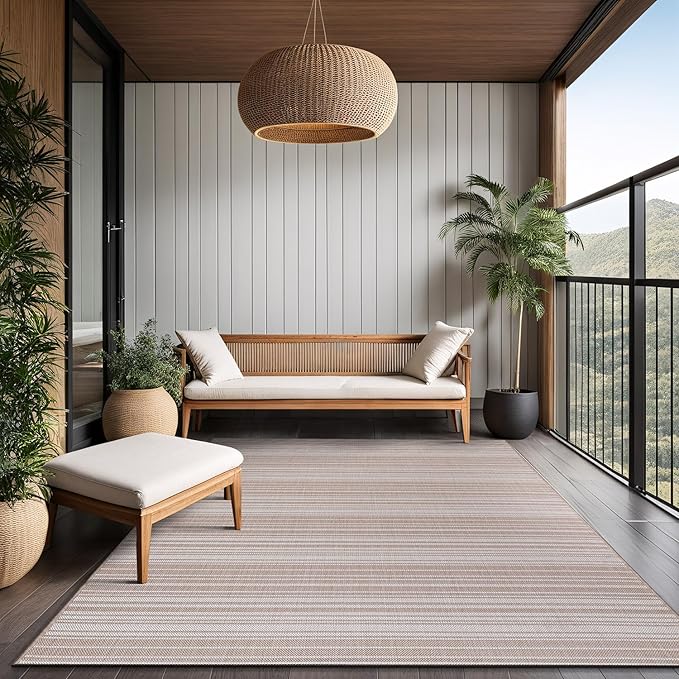 Stripe Outdoor Rug 5x7 Washable Outside Carpet for Indoor Patio Porch Waterproof Easy Cleaning Non Shedding Area Rugs Beige 5 x 7