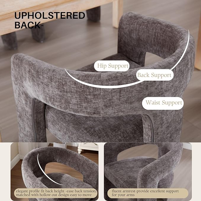 Charcoal Grey Chenille Dining Chairs Set of 6, Modern Barrel Dining Room Chairs Upholstered Accent Chair with Arms and Round Back for Living Room Kitchen Armchair No Assembly Needed
