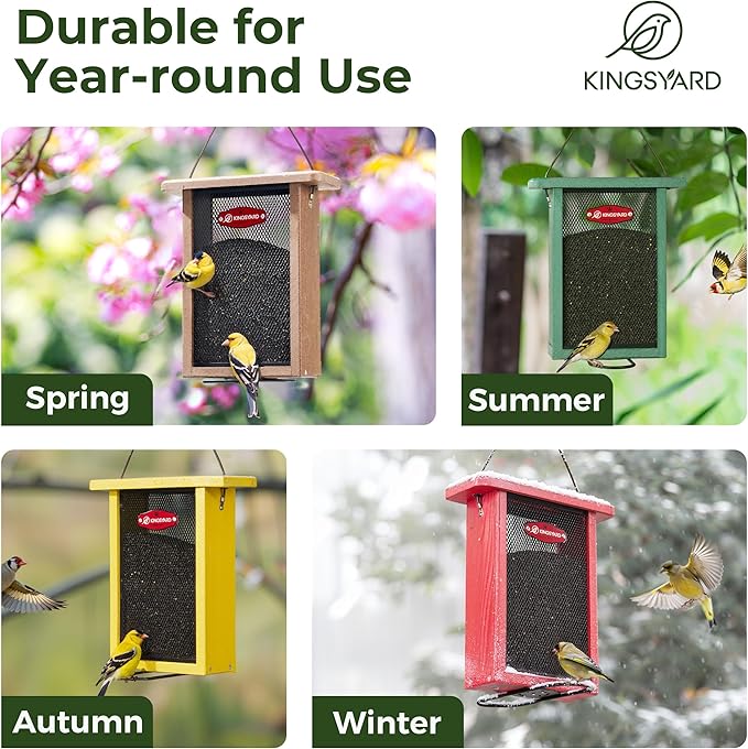 Kingsyard Metal Mesh Bird Feeder for Outdoors Hanging, Finch Feeder for Nyjer/Thistle, Sliding Mesh & Built-in Perch, Recycled Plastic, Brown
