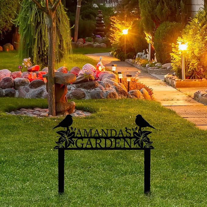 Personalized Metal Garden Name Sign with Flowers and Birds, Custom Yard Sign with Stake