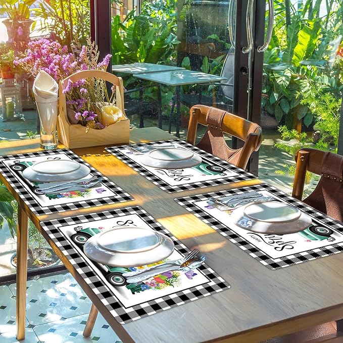 Happy Spring Placemats Set of 6 Easter Plastic Table Mats Spring Placemats Seasonal Place Mats Rustic Vintage Flowers Table Decoration for Indoor Outdoor Party Kitchen Dining