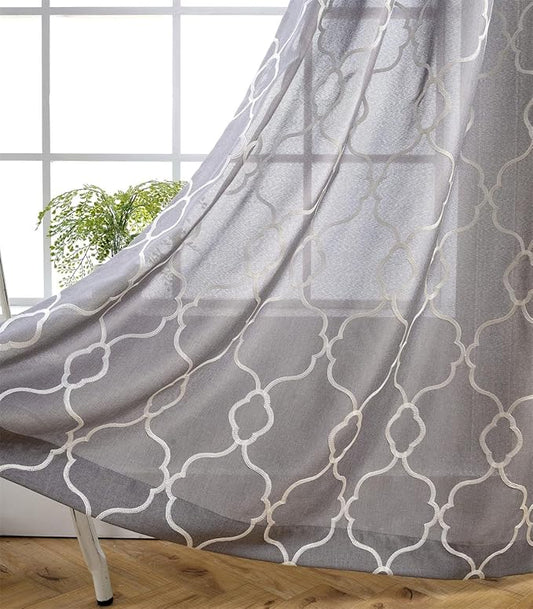 Miuco Moroccan Embroidered Semi Sheer Curtains Faux Linen Grommet Curtain Panels for Bedroom 52 x 95 Inch 2 Panels, Grey