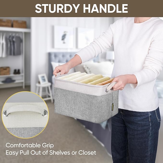 BALEINE 2 Pack Fabric Storage Bins for Shelves, Linen Storage Baskets for Organizing, Decorative Closet Bins for Clothes, Home (Grey, 12"x8"x8")