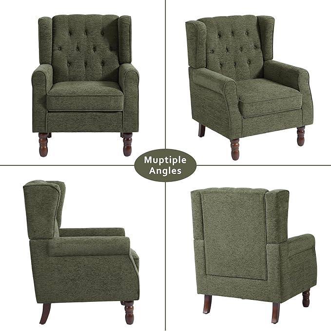 Lumibee High Back Accent Chair,Upholstered Wingback Armchair with Solid Wood Legs for Small Spaces,Comfy Single Sofa Chair for Living Room,Bedroom,Office-Green