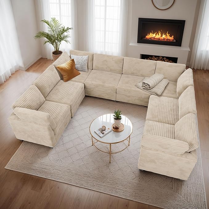 Modular Sectional Sofa with Chaise U Shaped Sectional Couch for Living Room, 8-Seater Comfy Cloud Couches, Plush Corduroy, Beige
